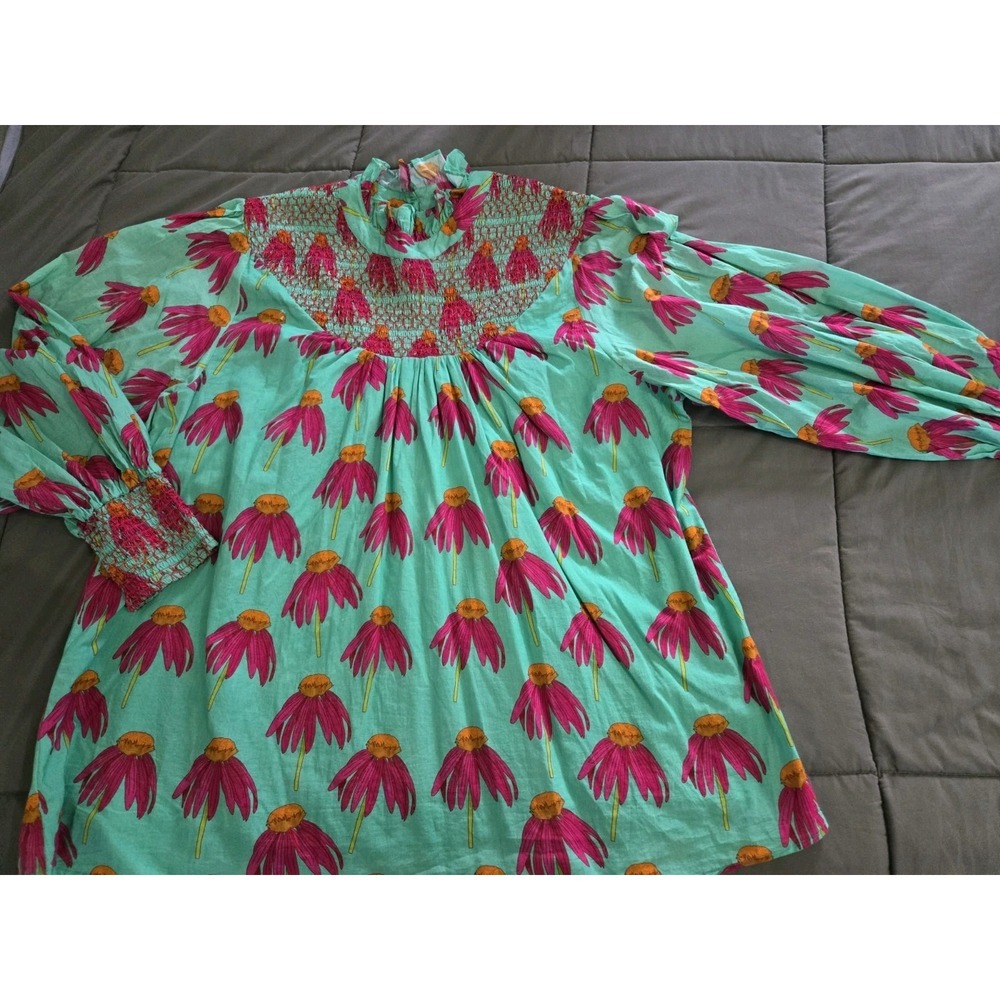 Victoria Dunn Green Floral Smocked Long Sleeve Shirt 3XL